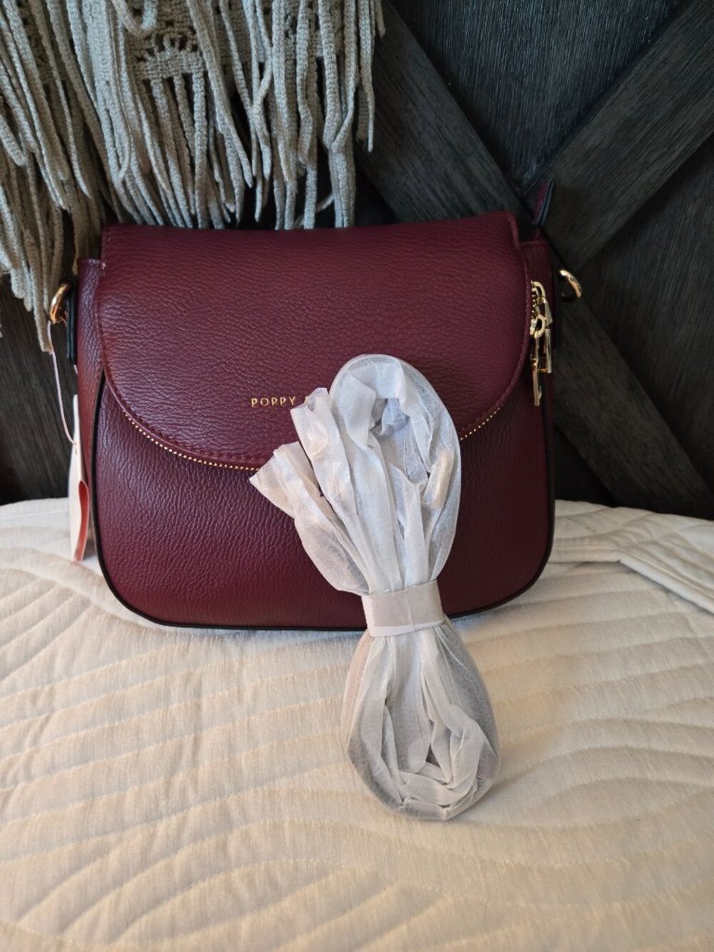 Poppy & Peonies Burgundy Crossbody Bag with Gold Hardware - Picture 3 of 10